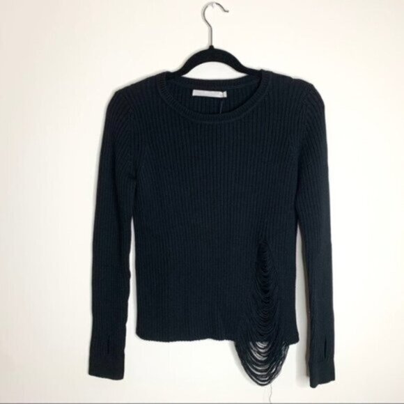 Anthropologie One Grey Day Robert Sweater Cropped Shredded Knit Crewneck Black - Picture 3 of 16